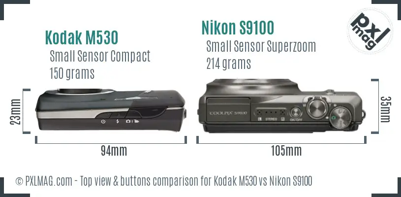 Kodak M530 vs Nikon S9100 top view buttons comparison Kodak M530 vs Nikon S9100 top view buttons comparison