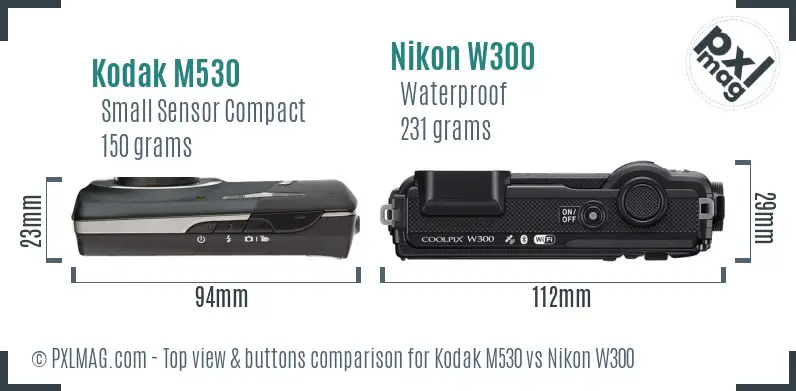 Kodak M530 vs Nikon W300 top view buttons comparison Kodak M530 vs Nikon W300 top view buttons comparison