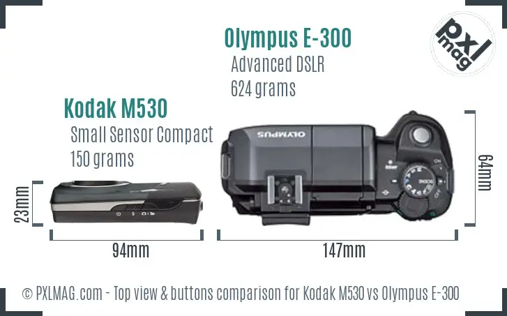 Kodak M530 vs Olympus E-300 top view buttons comparison