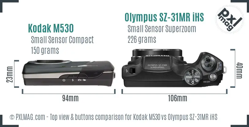 Kodak M530 vs Olympus SZ-31MR iHS top view buttons comparison Kodak M530 vs Olympus SZ-31MR iHS top view buttons comparison