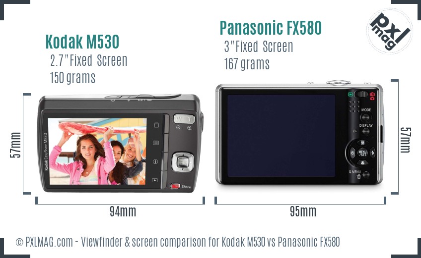 Kodak M530 vs Panasonic FX580 Screen and Viewfinder comparison