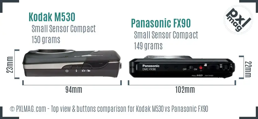 Kodak M530 vs Panasonic FX90 top view buttons comparison