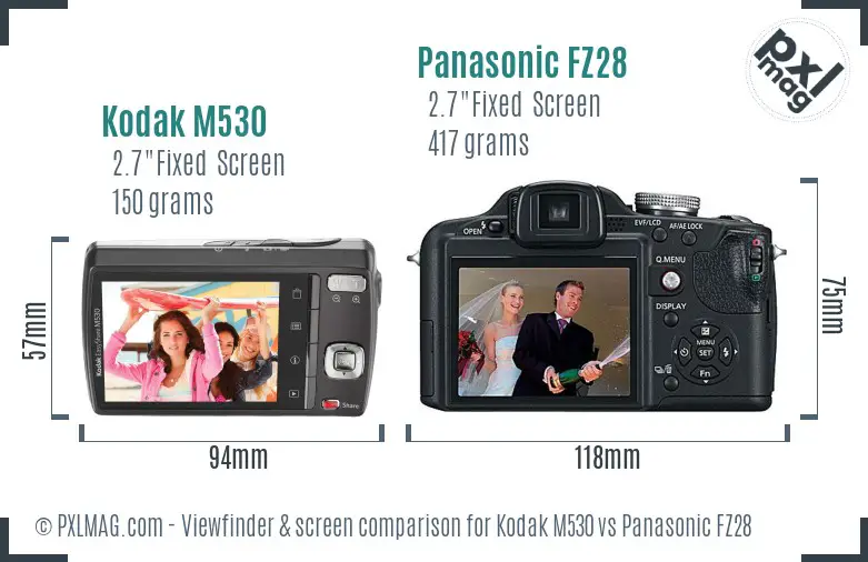 Kodak M530 vs Panasonic FZ28 Screen and Viewfinder comparison