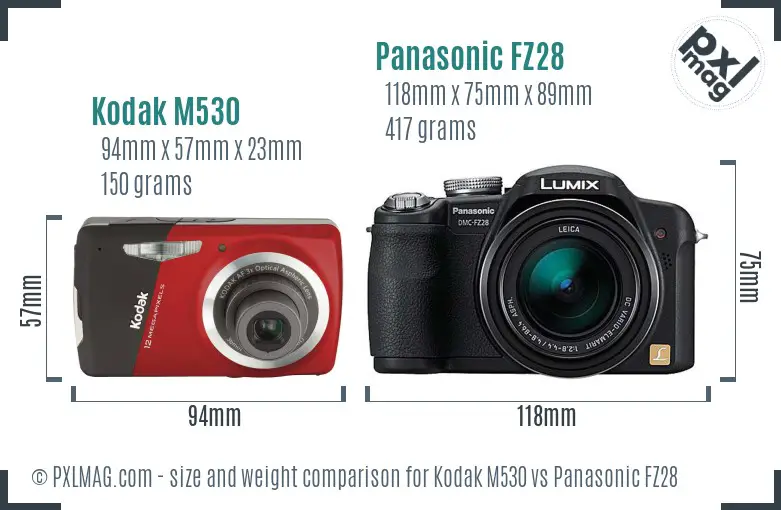 Kodak M530 vs Panasonic FZ28 size comparison