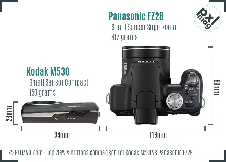 Kodak M530 vs Panasonic FZ28 top view buttons comparison