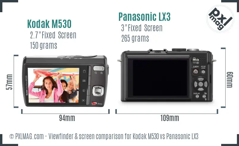 Kodak M530 vs Panasonic LX3 Screen and Viewfinder comparison