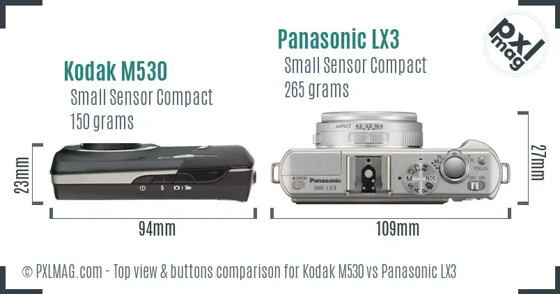 Kodak M530 vs Panasonic LX3 top view buttons comparison