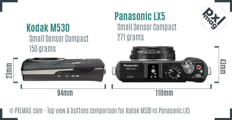 Kodak M530 vs Panasonic LX5 top view buttons comparison Kodak M530 vs Panasonic LX5 top view buttons comparison