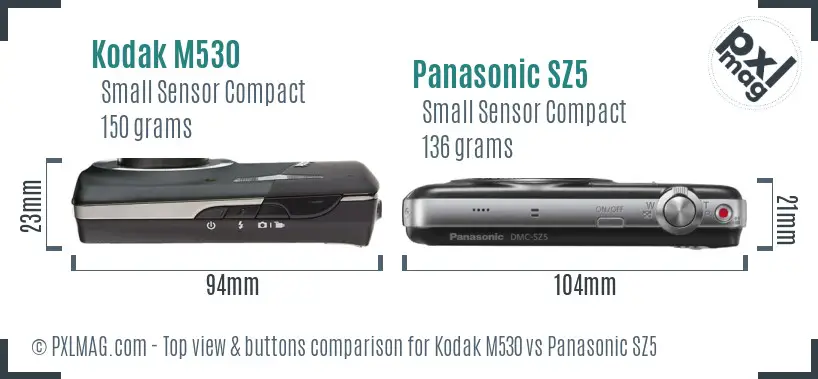 Kodak M530 vs Panasonic SZ5 top view buttons comparison Kodak M530 vs Panasonic SZ5 top view buttons comparison