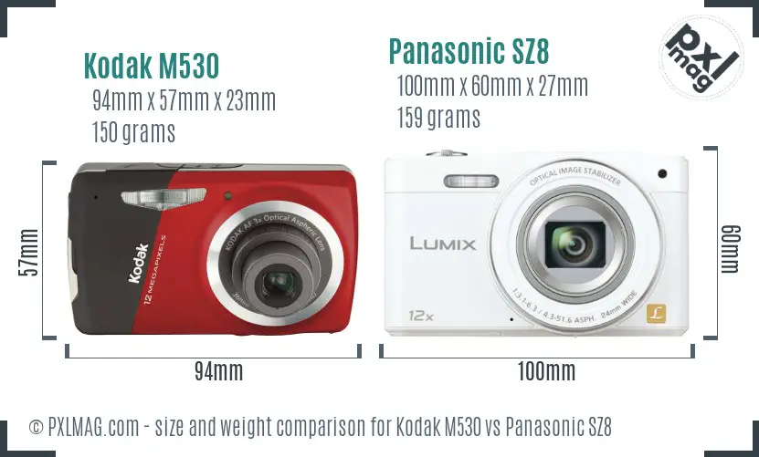 Kodak M530 vs Panasonic SZ8 size comparison