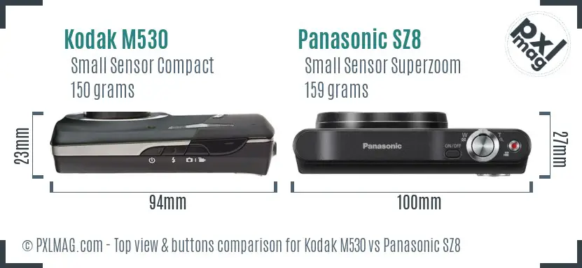 Kodak M530 vs Panasonic SZ8 top view buttons comparison