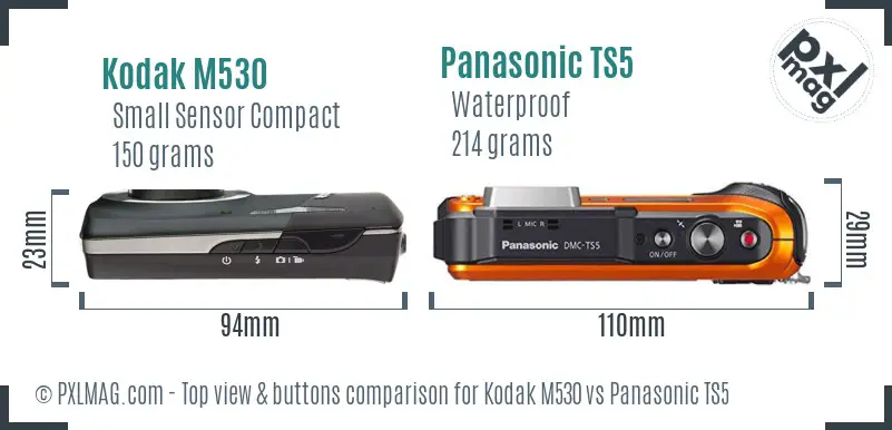 Kodak M530 vs Panasonic TS5 top view buttons comparison Kodak M530 vs Panasonic TS5 top view buttons comparison