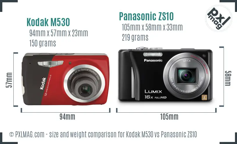 Kodak M530 vs Panasonic ZS10 size comparison