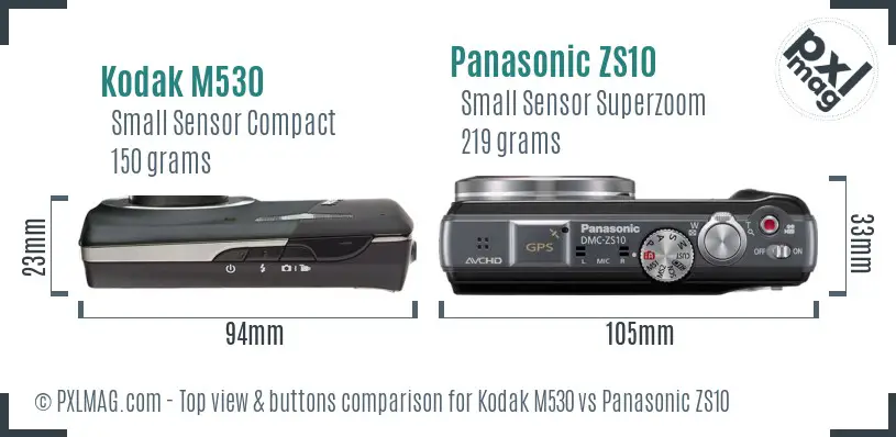Kodak M530 vs Panasonic ZS10 top view buttons comparison