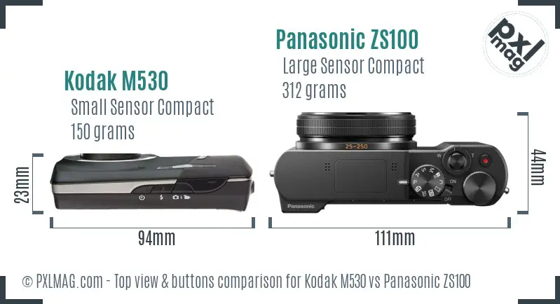 Kodak M530 vs Panasonic ZS100 top view buttons comparison