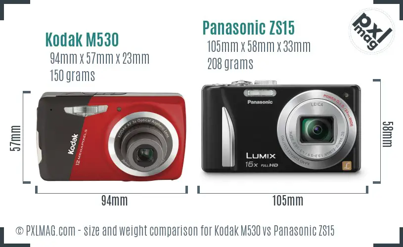 Kodak M530 vs Panasonic ZS15 size comparison