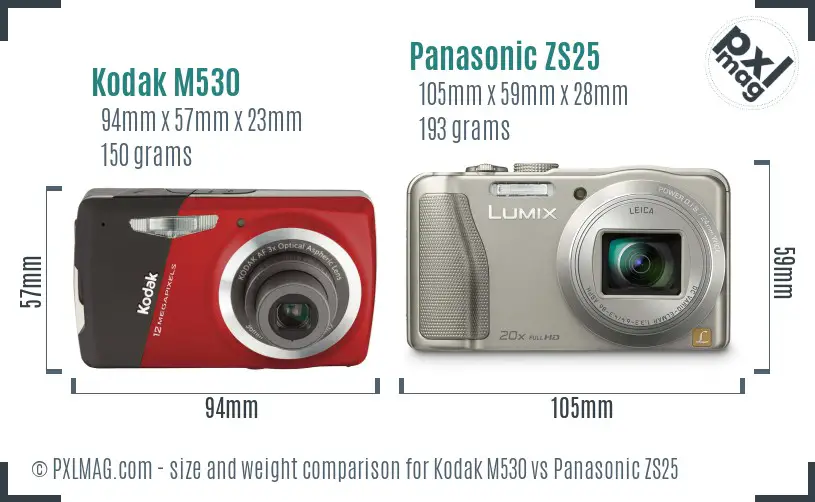 Kodak M530 vs Panasonic ZS25 size comparison