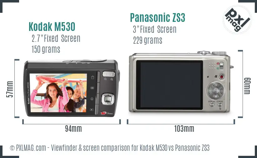 Kodak M530 vs Panasonic ZS3 Screen and Viewfinder comparison