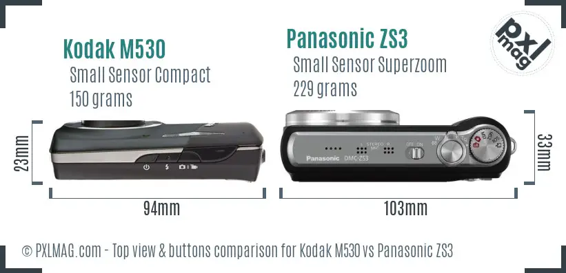 Kodak M530 vs Panasonic ZS3 top view buttons comparison