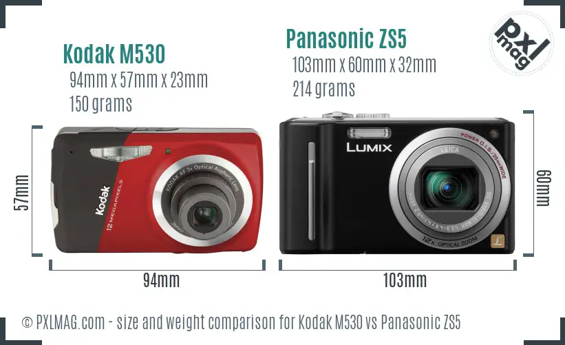 Kodak M530 vs Panasonic ZS5 size comparison