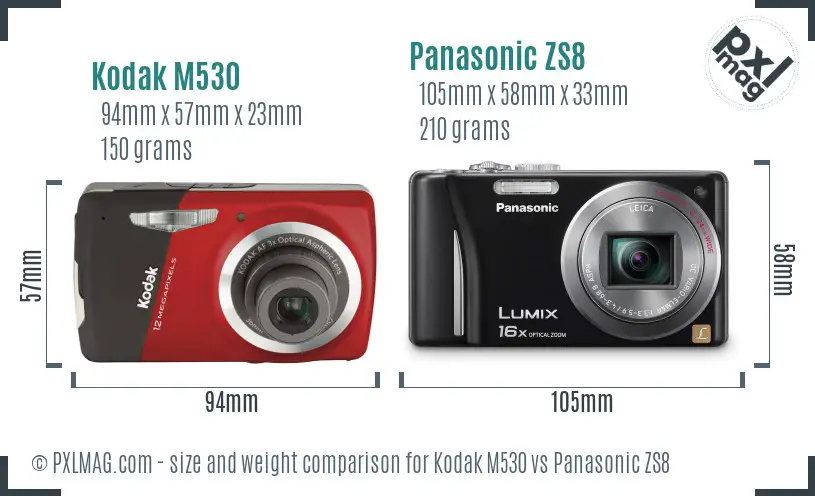 Kodak M530 vs Panasonic ZS8 size comparison