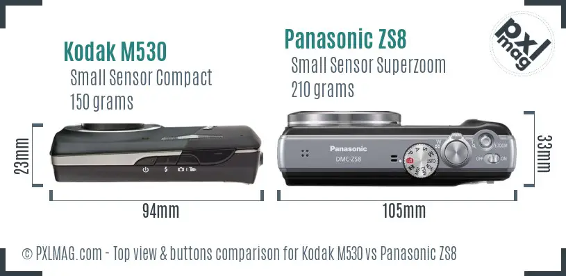 Kodak M530 vs Panasonic ZS8 top view buttons comparison