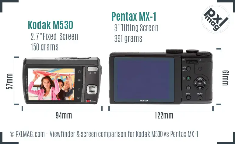 Kodak M530 vs Pentax MX-1 Screen and Viewfinder comparison