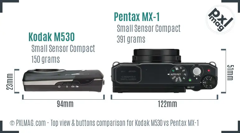Kodak M530 vs Pentax MX-1 top view buttons comparison