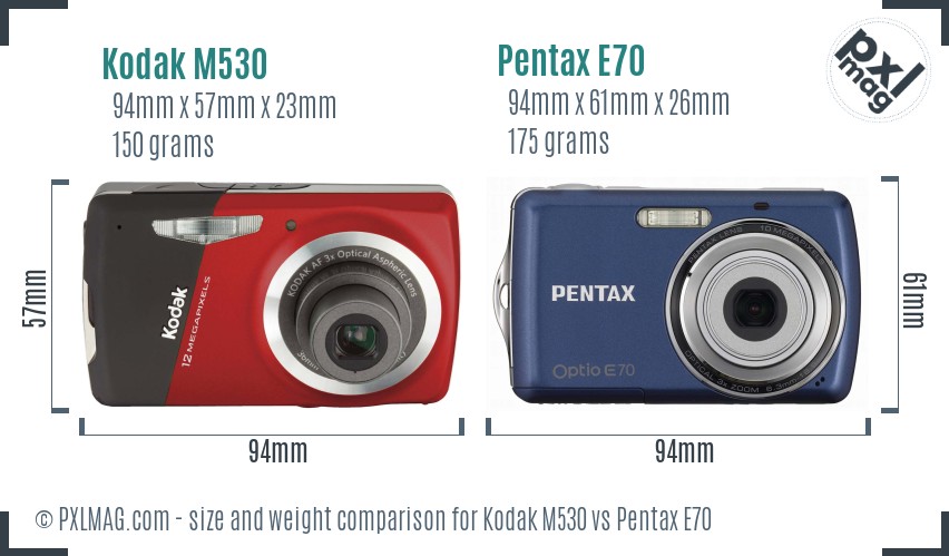 Kodak M530 vs Pentax E70 size comparison
