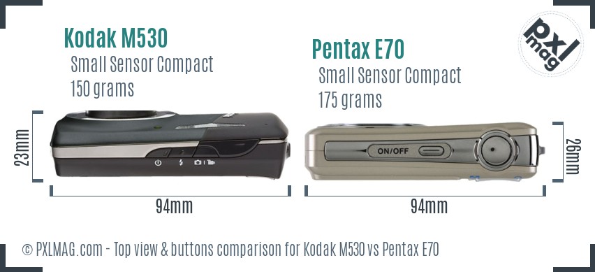 Kodak M530 vs Pentax E70 top view buttons comparison