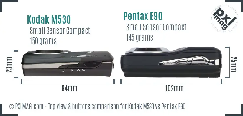 Kodak M530 vs Pentax E90 top view buttons comparison