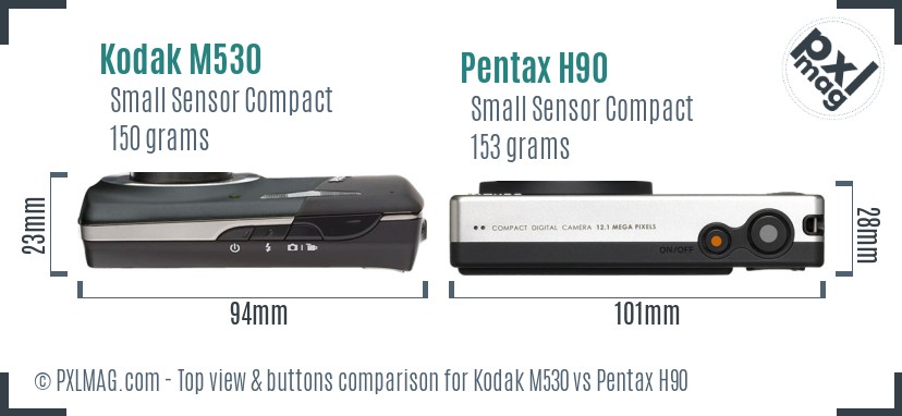 Kodak M530 vs Pentax H90 top view buttons comparison