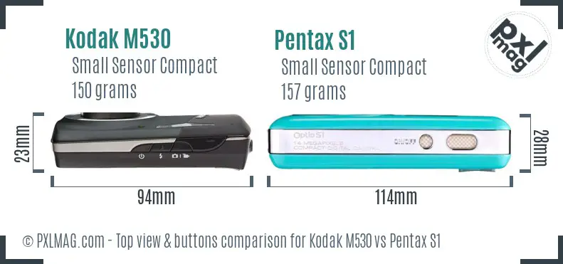 Kodak M530 vs Pentax S1 top view buttons comparison Kodak M530 vs Pentax S1 top view buttons comparison