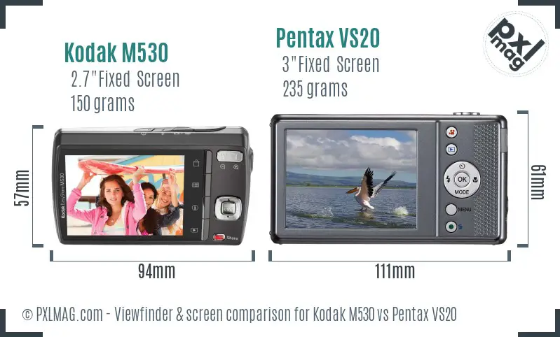 Kodak M530 vs Pentax VS20 Screen and Viewfinder comparison