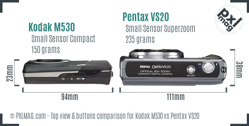Kodak M530 vs Pentax VS20 top view buttons comparison