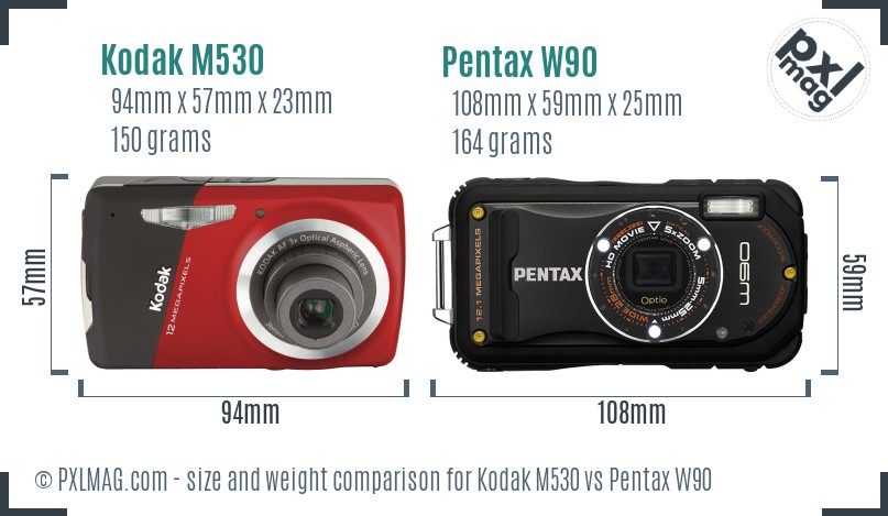 Kodak M530 vs Pentax W90 size comparison