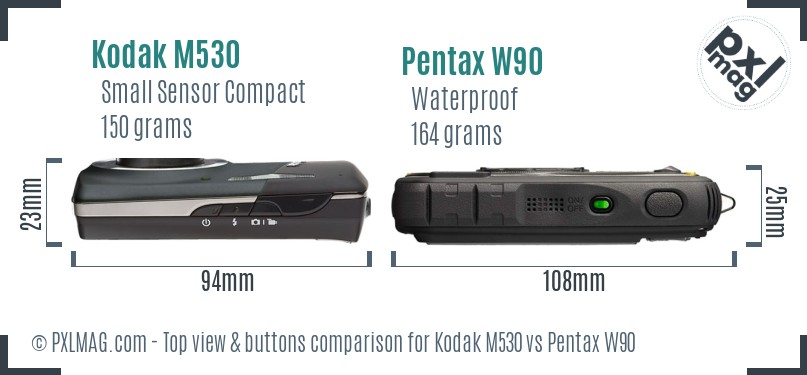 Kodak M530 vs Pentax W90 top view buttons comparison