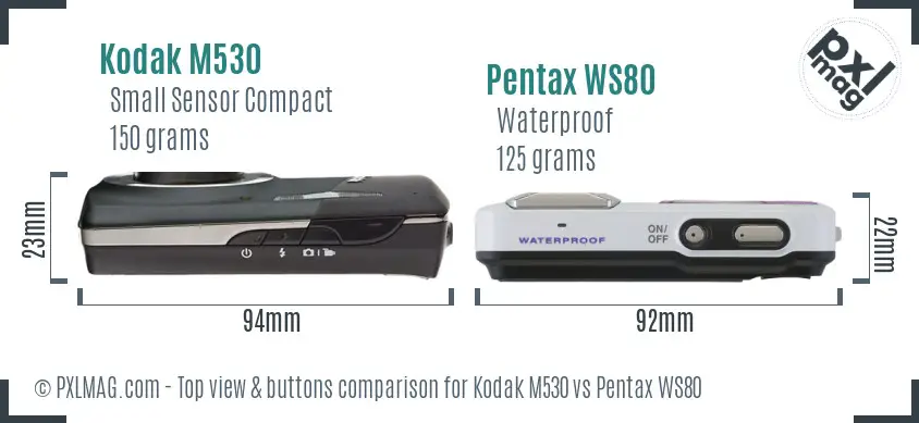 Kodak M530 vs Pentax WS80 top view buttons comparison Kodak M530 vs Pentax WS80 top view buttons comparison