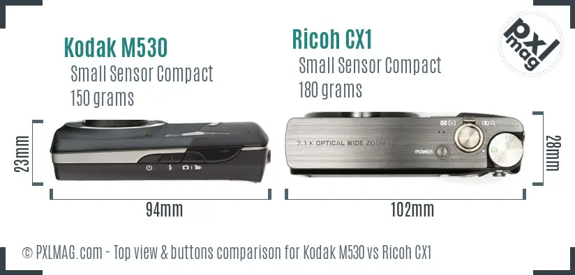 Kodak M530 vs Ricoh CX1 top view buttons comparison Kodak M530 vs Ricoh CX1 top view buttons comparison