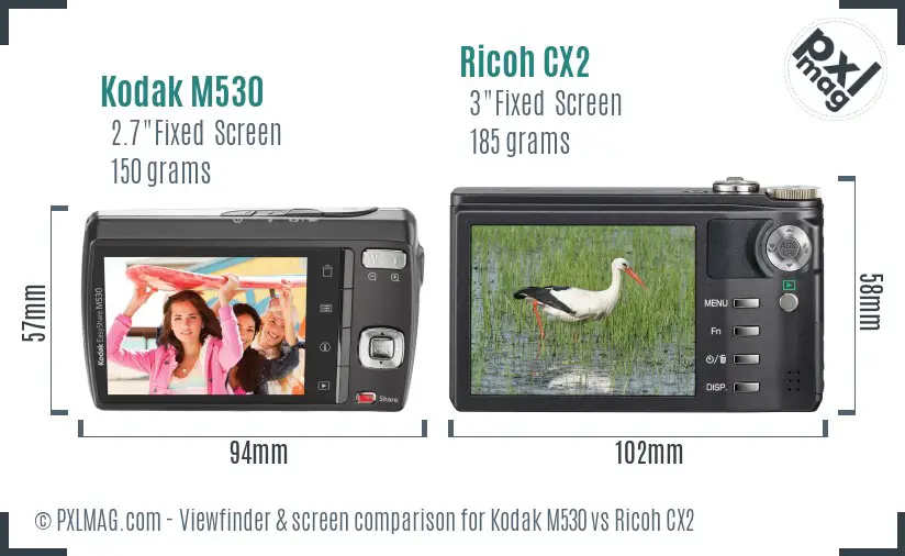 Kodak M530 vs Ricoh CX2 Screen and Viewfinder comparison
