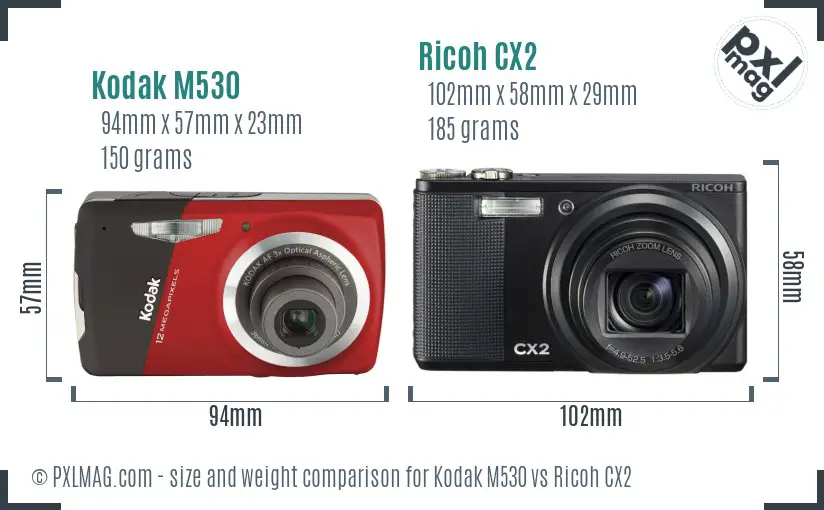Kodak M530 vs Ricoh CX2 size comparison