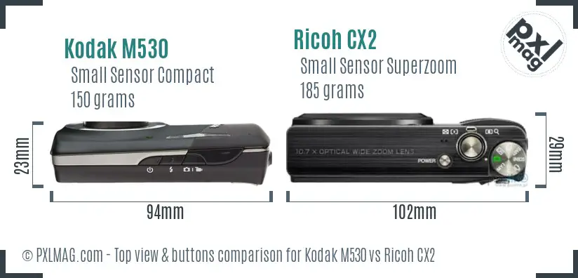 Kodak M530 vs Ricoh CX2 top view buttons comparison