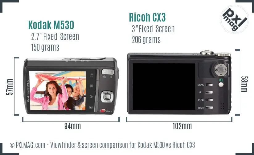 Kodak M530 vs Ricoh CX3 Screen and Viewfinder comparison