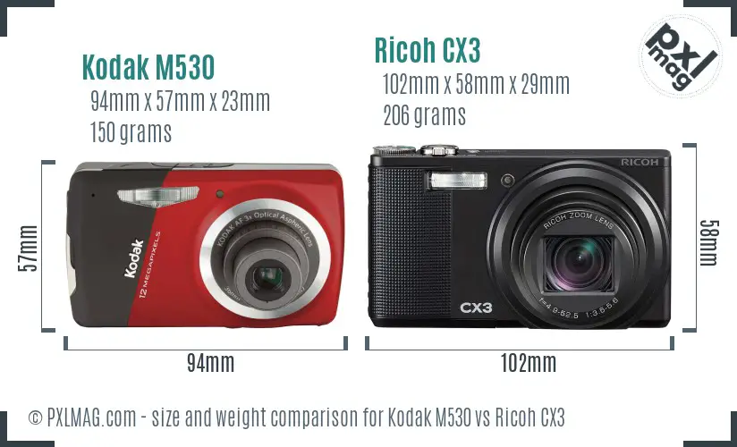 Kodak M530 vs Ricoh CX3 size comparison