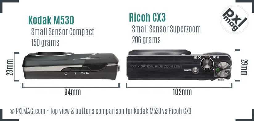 Kodak M530 vs Ricoh CX3 top view buttons comparison