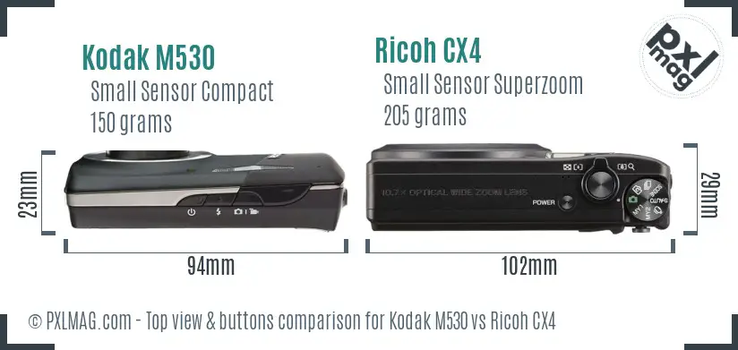 Kodak M530 vs Ricoh CX4 top view buttons comparison Kodak M530 vs Ricoh CX4 top view buttons comparison