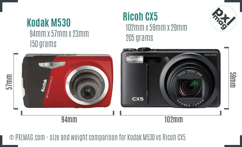 Kodak M530 vs Ricoh CX5 size comparison