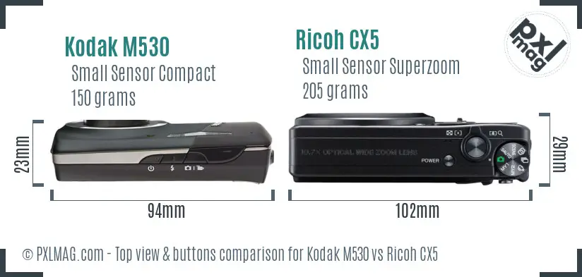 Kodak M530 vs Ricoh CX5 top view buttons comparison