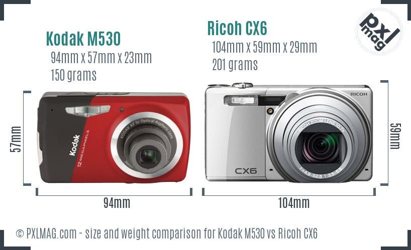 Kodak M530 vs Ricoh CX6 size comparison