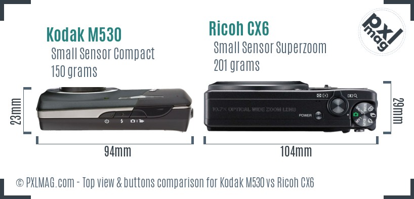 Kodak M530 vs Ricoh CX6 top view buttons comparison